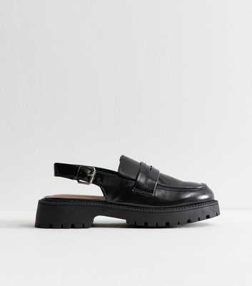 Black Faux Leather Chunky Slingback Loafers