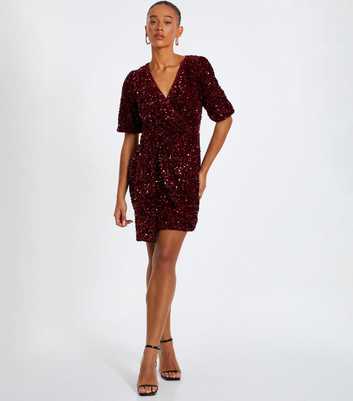 QUIZ Burgundy Sequin Wrap Mini Dress