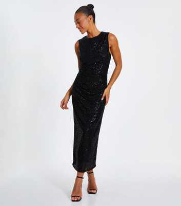 QUIZ Black Sequin Embellished Ruched Maxi Dress