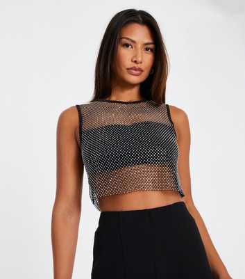 QUIZ Black Mesh Diamanté Crop Top