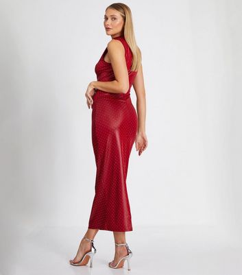 QUIZ Red PU Diamante High Neck Midaxi Dress New Look