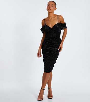 QUIZ Black Embellished Velvet Cowl Neck Midi Dress