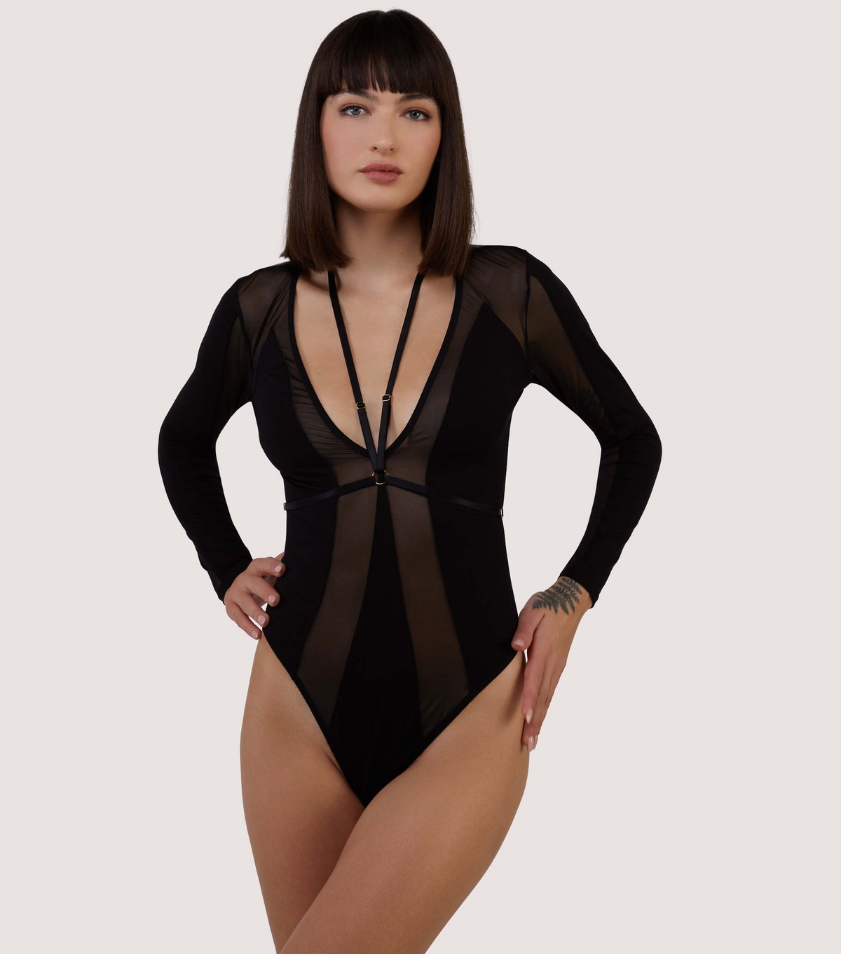 Women's Black Panelled Mesh Thong Bodysuit Wolf & Whistle New Look