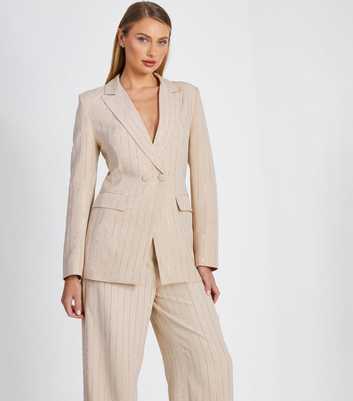 QUIZ Light Brown Diamanté Pinstripe Woven Blazer