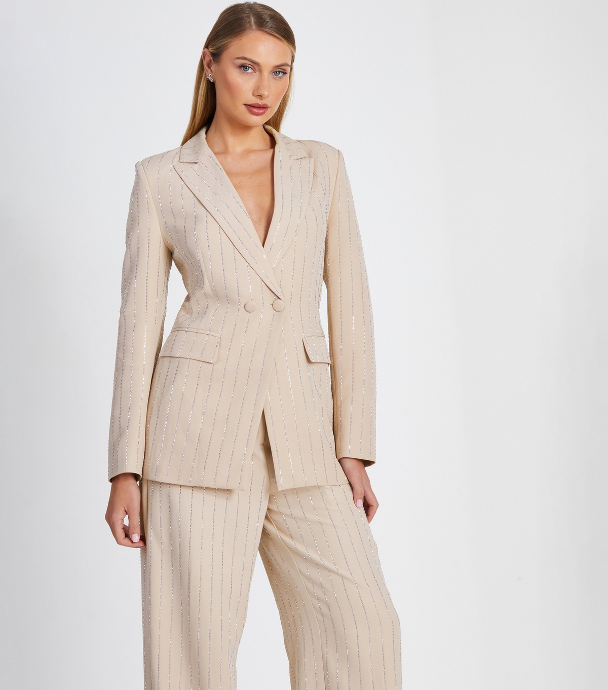 Women's Light Brown Diamanté Pinstripe Woven Blazer Quiz New Look