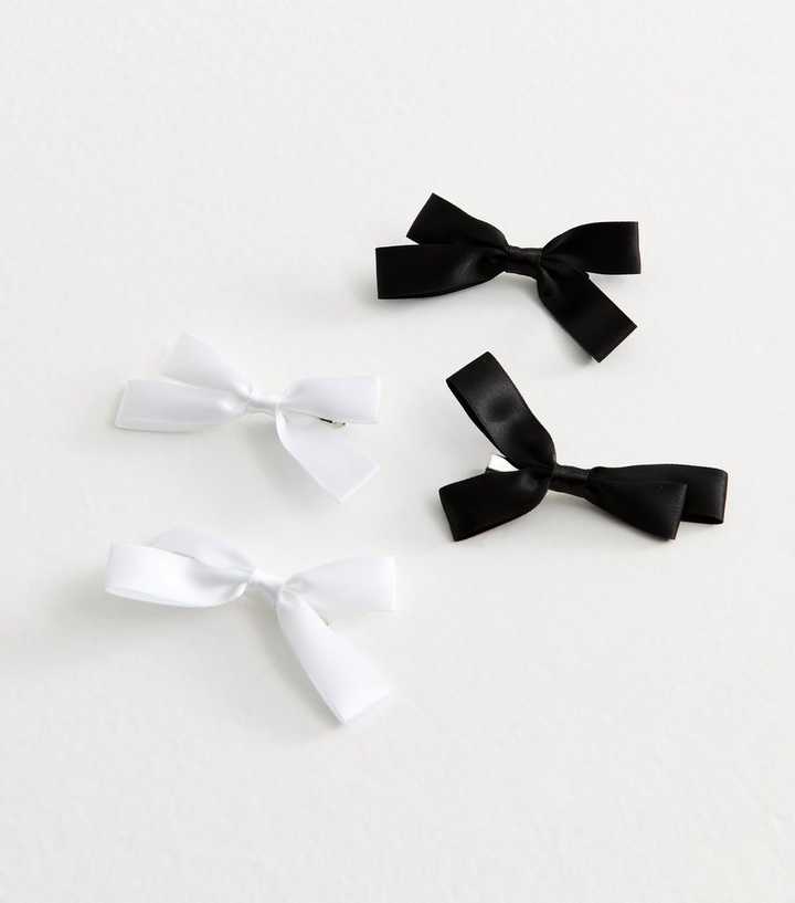 Pack Of 4 Black And White Satin Bow Hair Clips