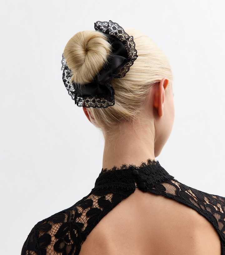 Black Lace Trim Satin Scrunchie 