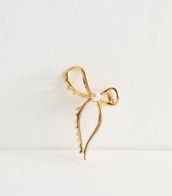 Gold Tone Faux Pearl Embellished Bow Hair Clip