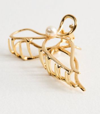 Gold Tone Faux Pearl Embellished Bow Hair Clip
