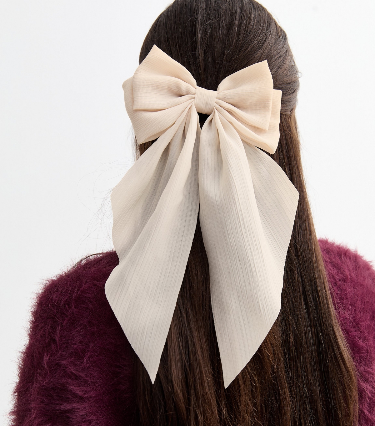 Cream Crinkle Texture Oversized Bow Hair Slide New Look