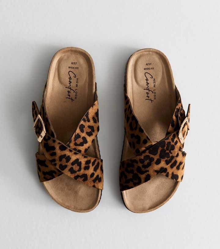 Wide Fit Stone Faux Suede Leopard Print Crossover Strap Sandals