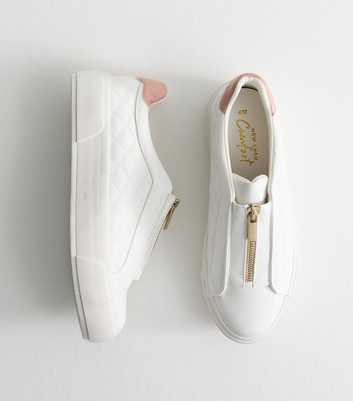 White Faux Leather Quilted Zip Front Trainers