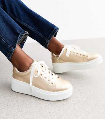 Gold Faux Leather Wedge Trainers