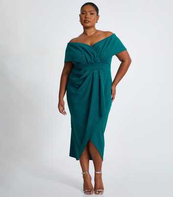 QUIZ Curves Green Bardot Midi Dress