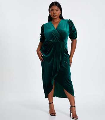 QUIZ Curves Dark Green Draped Velvet Midi Dress