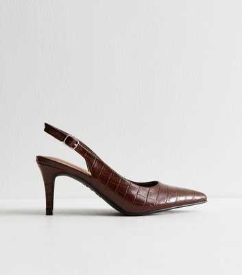 Dark Brown Snake Effect Leather Look Slingback Court Shoes