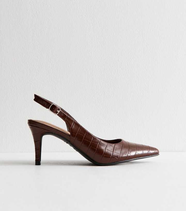 Dark Brown Snake Effect Leather Look Slingback Court Shoes
