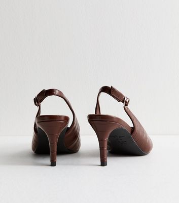Dark Brown Snake Effect Leather Look Slingback Court Shoes New Look