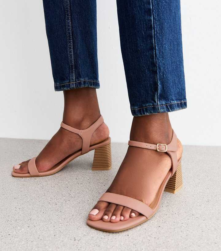 Pink Faux Leather Block Heel Sandals