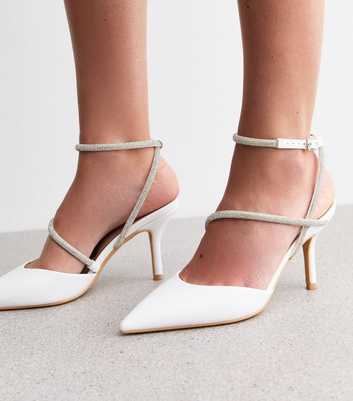 White Faux Leather Diamanté Strap Court Shoes