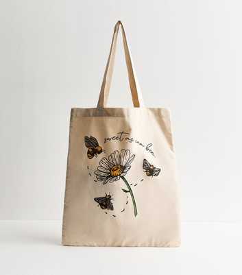 Cream Bee Print Canvas Tote