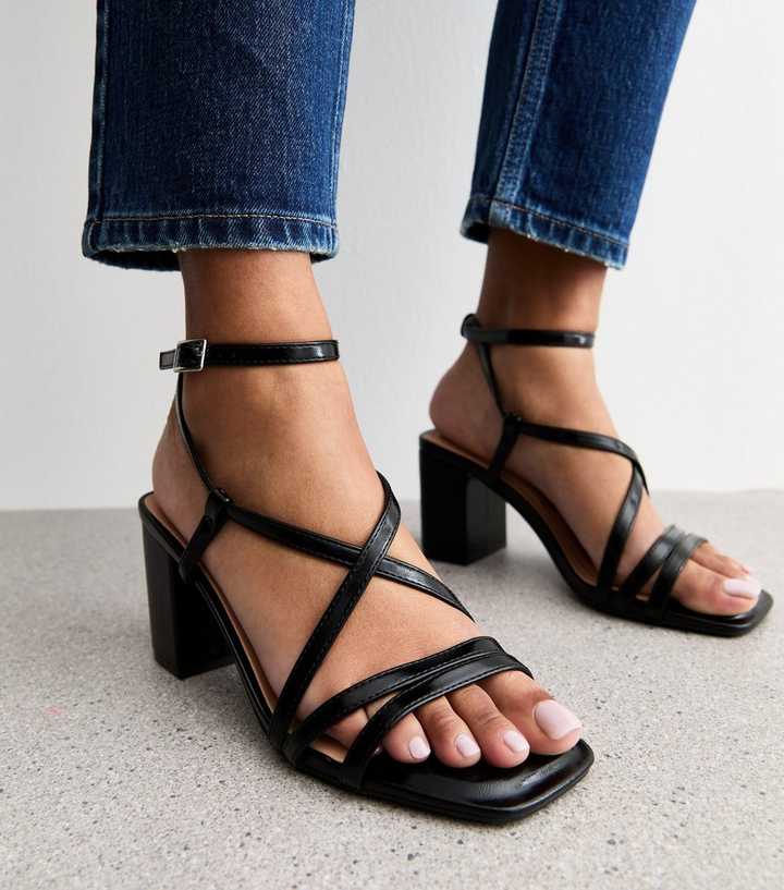Black Faux Leather Block Heel Multi Strap Sandals New Look
