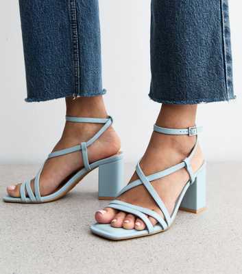 Light Blue Faux Leather Block Heel Multi Strap Sandals