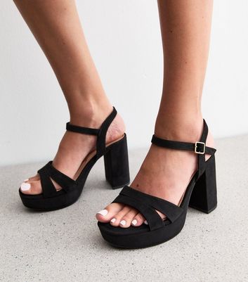 Extra Wide Fit Black Faux Suede Heeled Platform Sandals New Look
