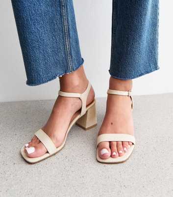 Cream Angular Block Heel Linen Look Sandals