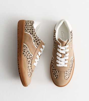 Stone Leopard Print Panelled Low Top Trainers