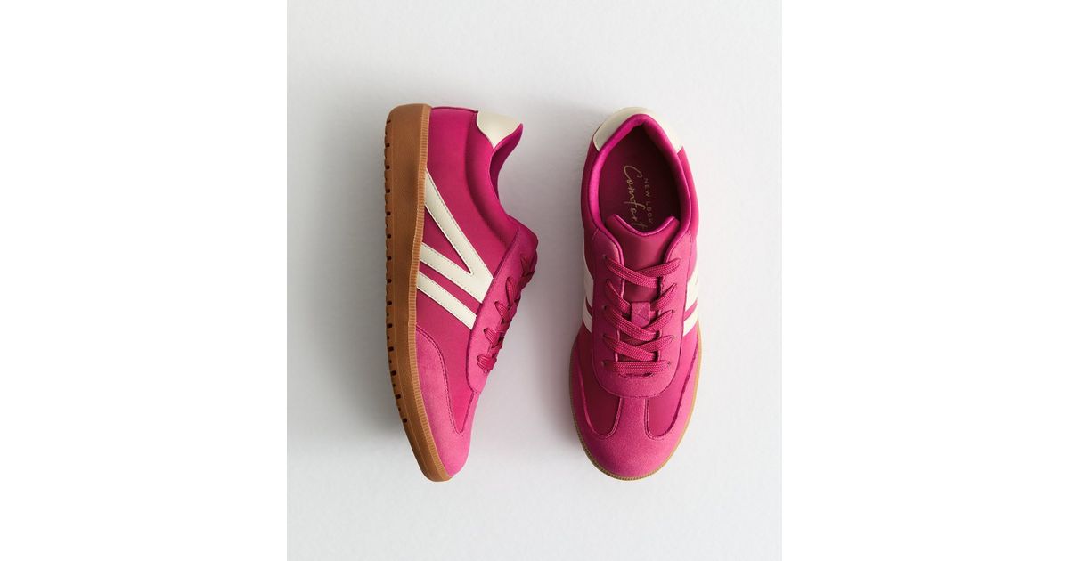 Bright Pink Faux Suede Panelled Low Top Trainers New Look