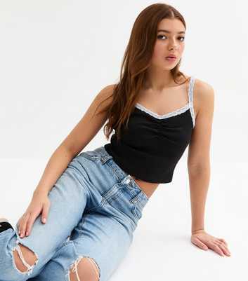 Girls Lace Trim Black Ribbed Crop Cami Top