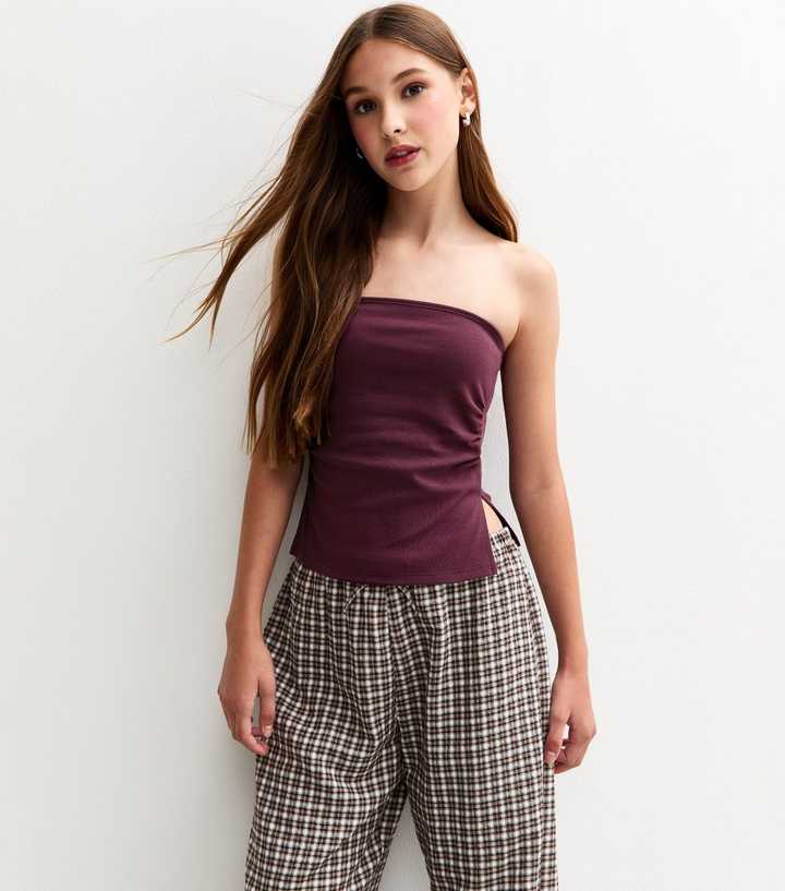 Girls Dark Burgundy Ruched Side Bandeau Top