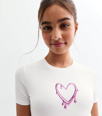 Girls White Heart Drip Print Baby Tee T Shirt New Look