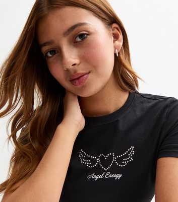 Girls Black Angel Energy Diamanté Baby Tee T-Shirt