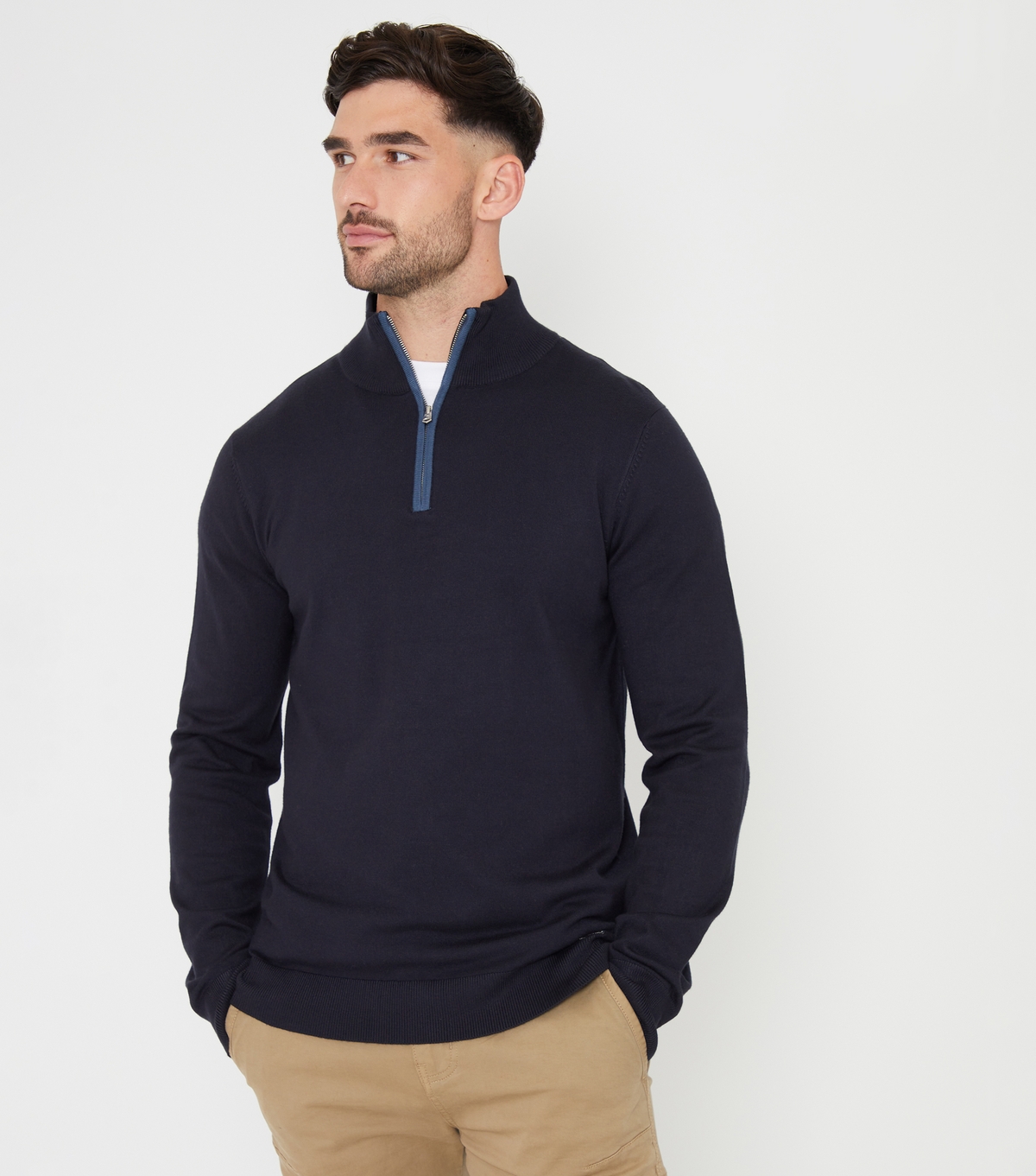 Men's Navy Quarter Zip Knit Jumper Threadbare New Look