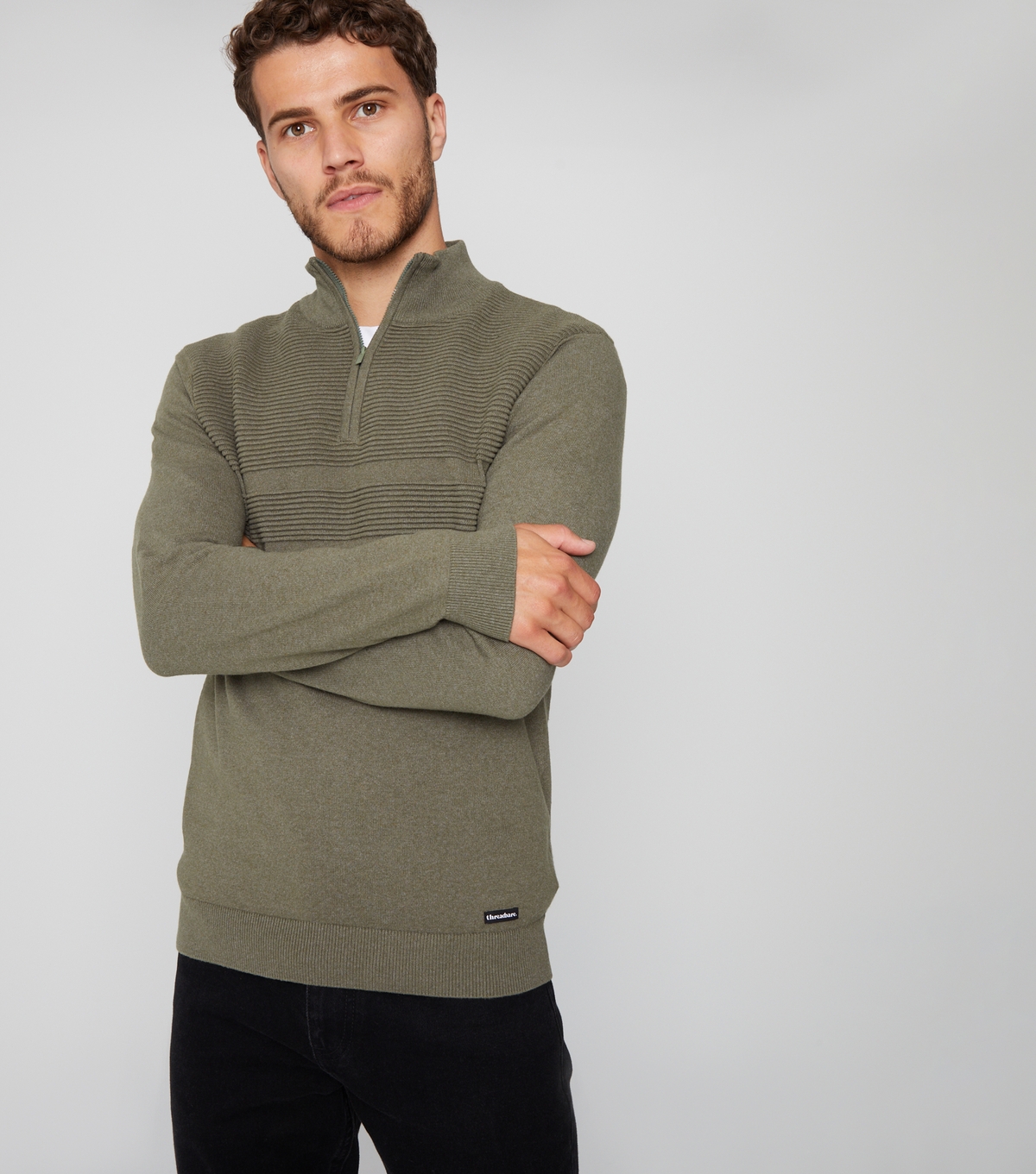 Men's Khaki Rib Knit Quarter Zip Jumper Threadbare New Look