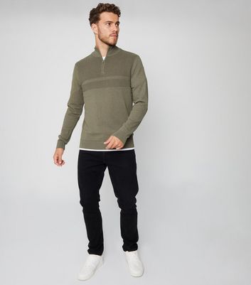 Men's Threadbare Khaki Rib Knit Quarter Zip Jumper New Look