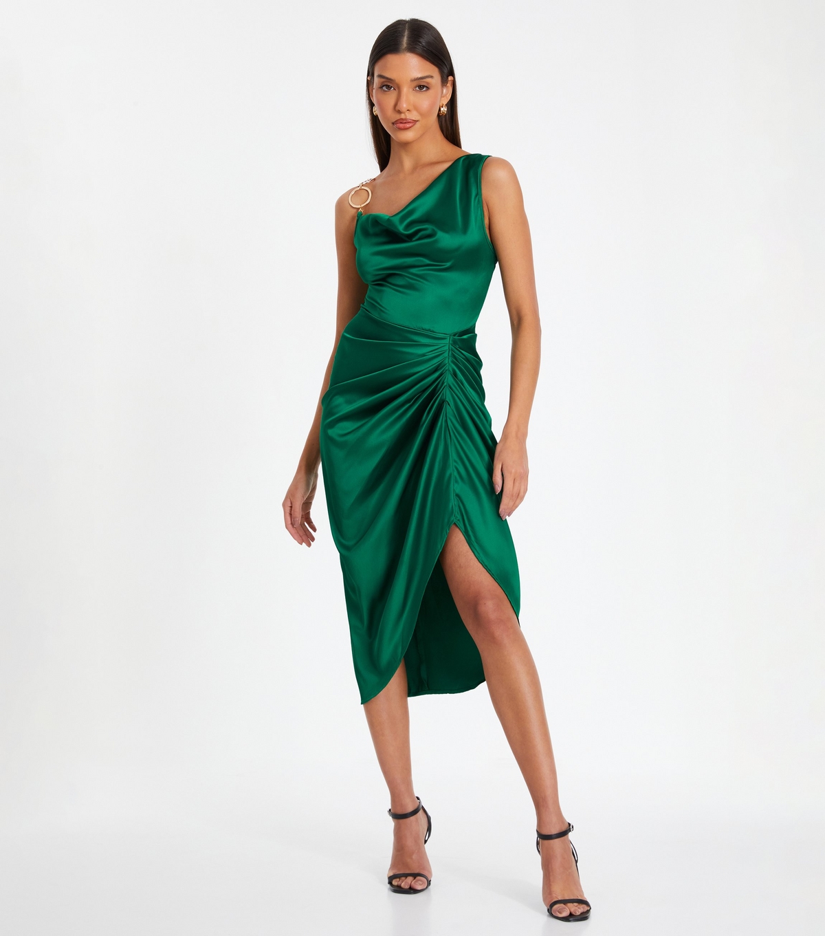 Women's Green Satin Ruched Midi Dress Quiz New Look