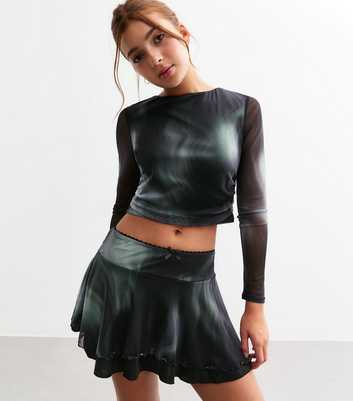 Girls Black Wave Print Layered Skort