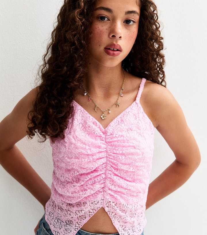 Girls Pink Lace Butterfly Hem Cami Top