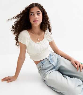 Girls White Textured Dot Milkmaid Cropped Top