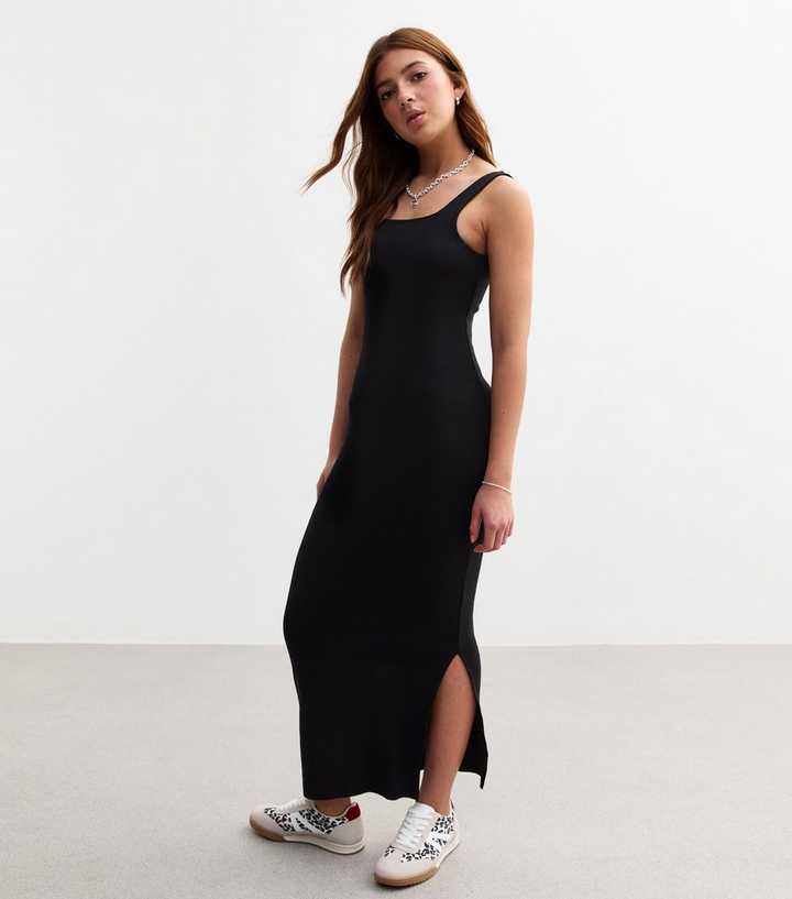 Square Slits Girls Black Square Neck Slit Hem Maxi Dress | New Look