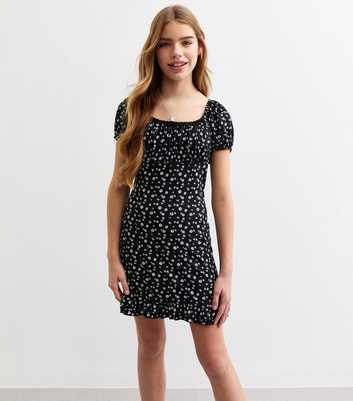 Girls Black Daisy Print Puff Sleeve Dress