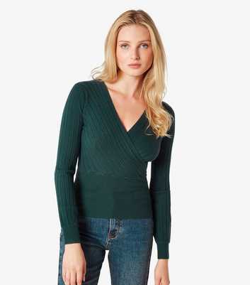 Apricot Dark Green Ribbed Wrap Top