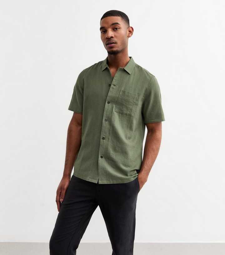 Khaki Regular Linen Blend Short Sleeve Shirt