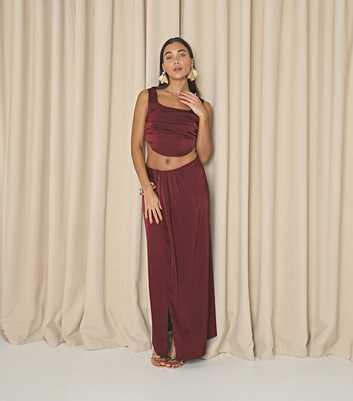 WKNDGIRL Red Pleated Satin Wrap Maxi Skirt