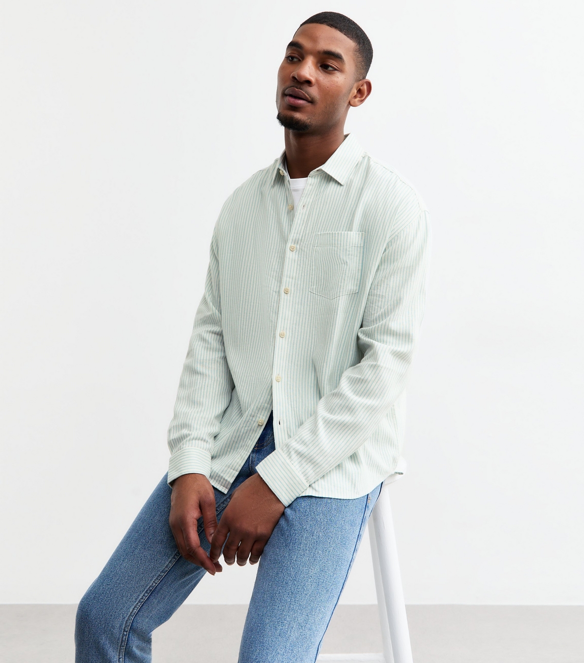 Men's Off White/Light Blue Regular Striped Linen Blend Shirt New Look