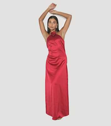 WKNDGIRL Burgundy Halterneck Satin Maxi Dress