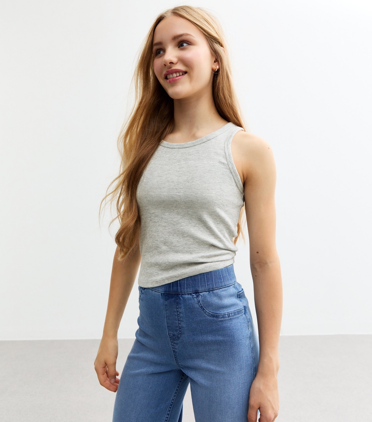 Girls' Grey Ribbed Jersey Racerback Vest New Look